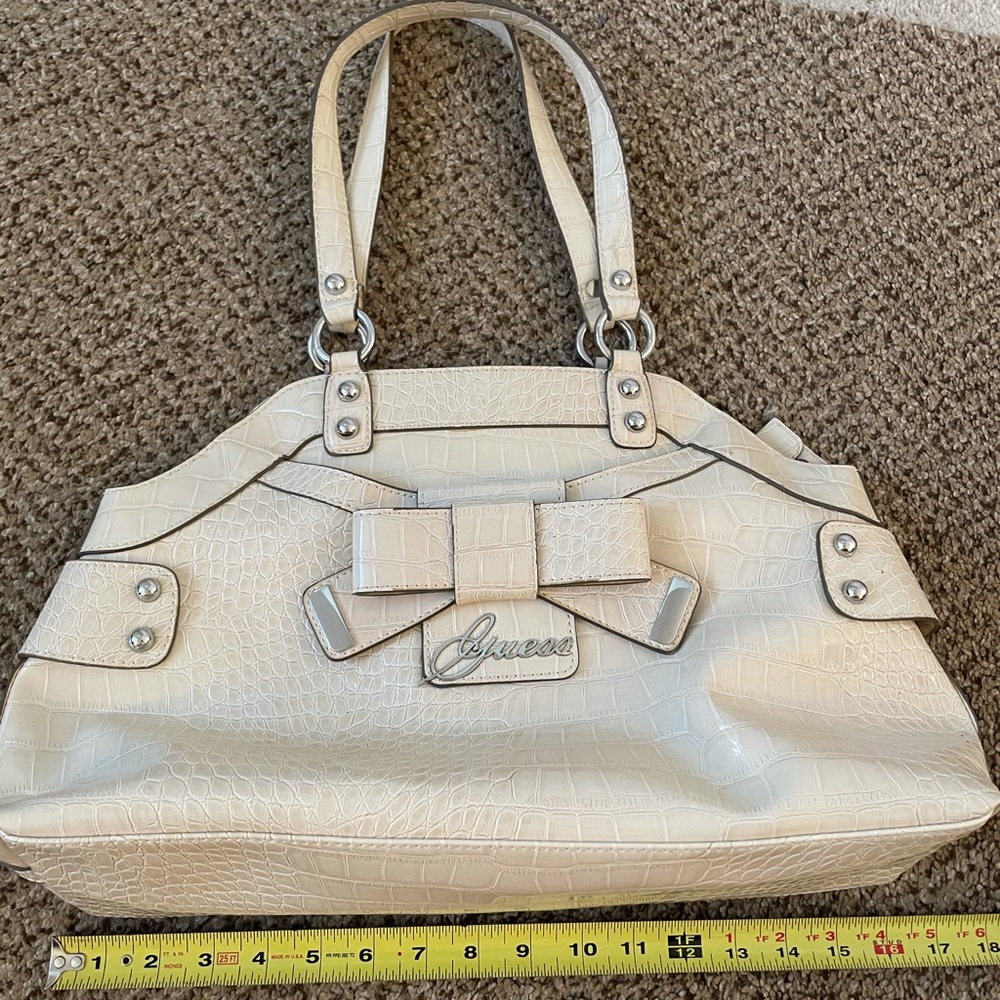 Cream patent leather croc embossed shoulder bag
